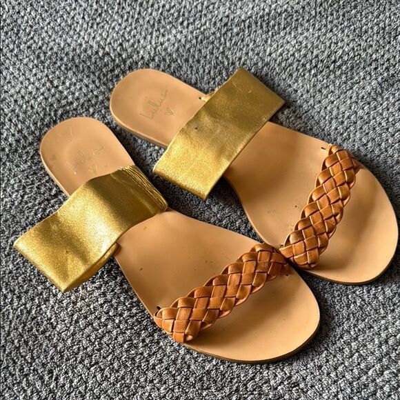 Lulus Caylee Gold Cognac Leather Flat Sandals Size 7.5 Braided Summer Slip-On - Picture 3 of 10